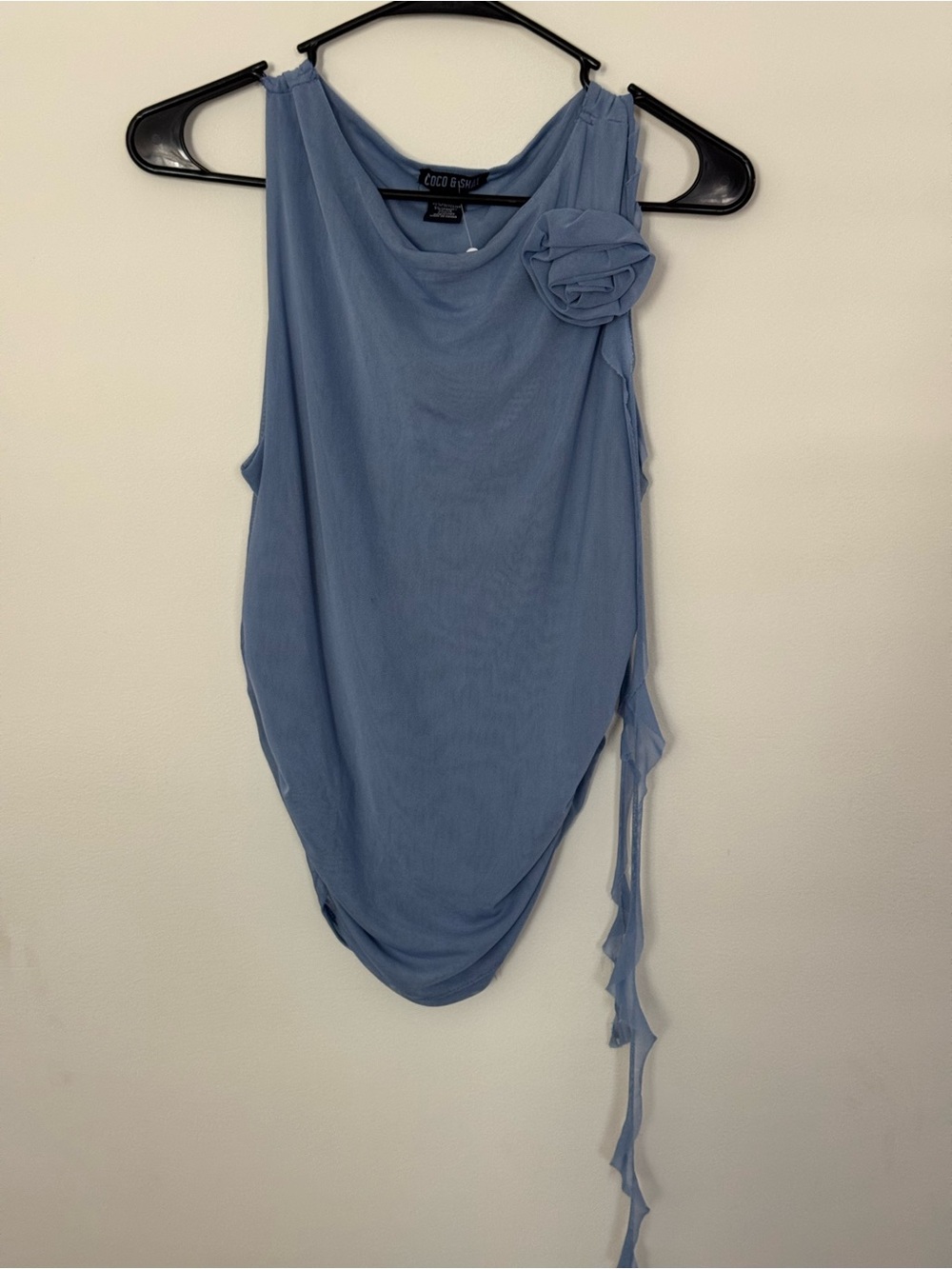 Coco & Shay Slate Blue Sleeveless mesh Blouse with Rosette
